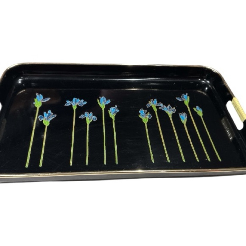 Set of 3 Japanese Lacquerware Nesting Serving Trays Blue Irises Woven Handles - Picture 7 of 12